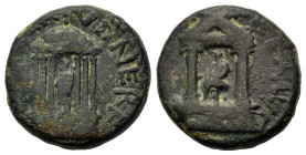 Diva Poppaea and Diva Claudia (died AD 65 and AD 63). Judaea, Caesarea Paneas. Æ (18mm, 6.70g). Distyle temple enclosing statue of Diva Poppaea seated...