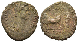 Domitian (81-96). Achaea, Patras. Æ (24mm, 9.40g). AD 85/6. Laureate head r. R/ Priest l., with vexillum, ploughing with two oxen. RPC II 253ff. Fine