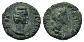 Diva Faustina Senior (died 140/1). Cilicia, Flaviopolis. Æ (13.2mm, 1.80g). Draped bust r. R/ Laureate and raped bust of Dionysus (youthful) r. RPC IV...