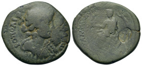 Marcus Aurelius (161-180). Cilicia, Hierapolis-Castabala. Æ (31.8mm, 16g). Marcus Aurelius seated l. on curule chair, holding globe and being crowned ...