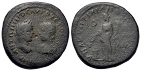 Caracalla and Julia Domna (198-217). Moesia Inferior, Marcianopolis. Æ (28mm, 16g). Confronted draped busts of Caracalla and Julia Domna. R/ Homonoia ...