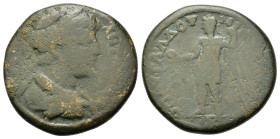 Caracalla (197-217). Moesia Inferior, Nicopolis ad Istrum. Æ (26,8mm, 11.6g). Aurelius Gallus, magistrate. Laureate draped bust r. R/ Emperor standing...