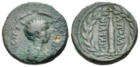 Geta (Caesar, 198-209). Illyria, Apollonia. Æ (20mm, 6.43g, 10h). Bare-headed, draped and cuirassed bust r. R/ Obelisk within wreath. SNG Copenhagen -...