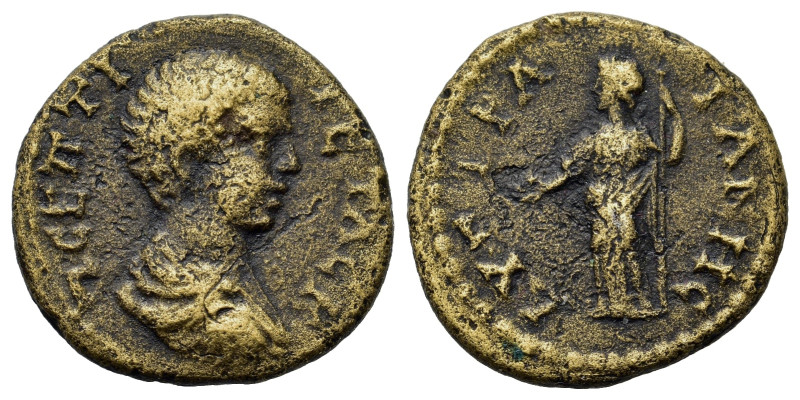 Geta (209-211). Thrace, Augusta Traiana. Æ (17,6mm, 3g). Draped bust of emperor ...