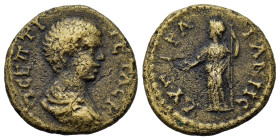 Geta (209-211). Thrace, Augusta Traiana. Æ (17,6mm, 3g). Draped bust of emperor r. R/ Hera standing left, holding patera and long sceptre. Varbanov 13...