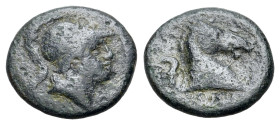 Anonymous. Æ Litra (16mm, 2.38g). Rome, 241-235 BC. Helmeted head l. R/ Head of bridled horse to right; sickle behind, ROMA upwards. Crawford 25/3; BM...