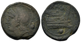 Anonymous. Rome, c. 217-215 BC. Æ Uncia (25mm, 12.4g). Helmeted head of Roma left; • (mark of value) to right. R/ Prow of galley right; • (mark of val...