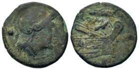 Corn-ear series. Æ Uncia (20,3mm, 5.2g). Sicily, 214-212 BC. Helmeted head of Roma right; pellet behind. R/ Prow right; corn-ear and ROMA above, pelle...