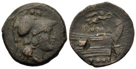 Anonymous. Mint in central Italy, c. 211-208 BC. Æ Triens (24mm, 7.8g). Mint in central Italy. Helmeted head of Minerva right; •••• (mark of value) ab...
