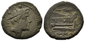 Anonymous. Mint in Sicily. 211-208 BC (or later). Æ Sextans (21,2mm, 6.3g). Head of Mercury right, wearing petasus; two pellets above. R/ Prow right; ...