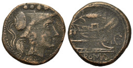 Corn-Ear and KA series. Sicilian mint, c. 211-208. Æ Triens (22,3mm, 8g). Helmeted head of Minerva to right; four pellets (mark of value) above. R/ Pr...