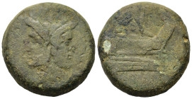 Anonymous, Rome, c. 206-195 BC. Æ As (34,1mm, 48.6g). Sextantal standard. Rome mint. Laureate head of bearded Janus; I (mark of value) above. R/ Prow ...