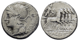 M. Baebius Q.f. Tampilus. Rome, 137 BC. AR Denarius (18mm, 4g). Head of Roma left, wearing winged helmet, ornamented with griffin's head, the visor in...