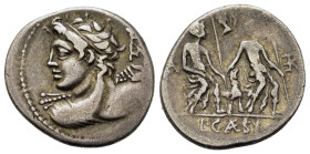 Lucius Caesius, Rome, 112-111 BC. AR Denarius (21mm, 3.80g). Bust of Vejovis l., seen from behind, hurling thunderbolt; monogram behind. R/ The two La...