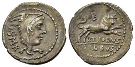 L. Thorius Balbus, Rome, 105 BC. AR Denarius (21mm, 3.60g). Head of Juno Lanuvium r., wearing goat skin. R/ Bull charging r.; B above. Crawford 316/1;...