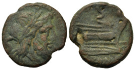 Anonymous. Rome, c. 91 BC. Æ Semis (20,7mm, 6.5g). Laureate head of Saturn right, S behind. R/ Prow right, S above, ROMA below. Crawford 339/2.