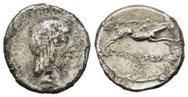 L. Calpurnius Piso Frugi 90 BC. Rome. AR Denarius (17mm, 3.8g). Laureate head of Apollo r. R/ Horseman riding left, holding torch and reins, PISO FRVG...