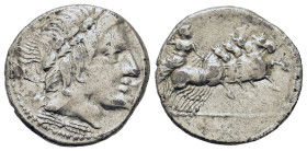 Gargilius, Ogulnius, and Vergilius. Rome, 86 BC. AR Denarius (18mm, 3.9g). Rome mint. Laureate head of Apollo right; thunderbolt below. R/ Jupiter, ho...