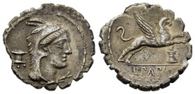 L. Papius, Rome, c. 79 BC. AR Serrate Denarius (19mm, 3.5g). Rome. Head of Juno Sospita right, wearing goat-skin headdress; altar to left. R/ Griffin ...