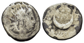 L. Lucretius Trio AR Denarius. Rome, 74 BC. Radiate head of Sol r. R/ Crescent moon surrounded by seven stars, TRIO above, L. LVCRETI below. Crawford ...