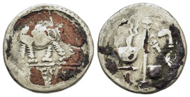 Julius Caesar (Dictator, 49-44 BC). Fourèe Denarius (16,6mm, 2.4g). Military mint traveling with Caesar in northern Italy, ca. 49-48 BC. Elephant adva...