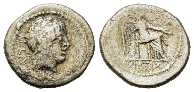 M. Porcius Cato, Utica, 47-46 BC. AR Quinarius (15mm, 1.90g). Head of Liber r. R...