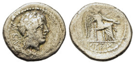 M. Porcius Cato, Utica, 47-46 BC. AR Quinarius (15mm, 1.90g). Head of Liber r. R/ Victory seated r., holding palm frond and patera. Crawford 462/2; RB...