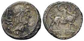 L. Valerius Acisculus, Rome, 45 BC. AR Denarius (18mm, 3.7g). Head of Apollo r., hair tied with band; above, star; behind, pickaxe (acisculus) and ACI...
