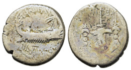 Mark Antony, Patrae(?), Autumn 32-spring 31 BC. AR Denarius (18mm, 3.30g). Legionary type. Galley r. R/ LEG III, aquila between two signa. Crawford 54...