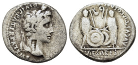 Augustus (27 BC-AD 14). AR denarius (17mm, 3.6g). Lugdunum, 2 BC-AD 4. Laureate head of Augustus r. R/ Gaius and Lucius Caesars, togate, standing faci...
