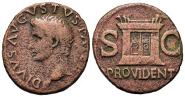 Divus Augustus (died 14). Æ As (28mm, 9.6g). Rome. Radiate head l. R/ Altar enclosure with double panelled door; in field, S - C; in ex. PROVIDENT. RI...