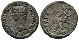 Claudius (41-54). Æ Dupondius (29mm 16.2g). Rome. Bare head l. Ceres, veiled, seated l. on ornamental throne, holding two corn ears and a long torch; ...