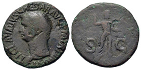 Claudius (41-54). Æ As (28mm, 10.4g). Rome. Bare head l. R/ Minerva standing right, hurling javelin and holding rounded shield, S C across fields. RIC...