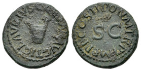 Claudius (41-54). Æ Quadrans (18mm, 3.4g, 6h). Rome, AD 41. Three-legged modius. R/ Legend around large S • C. RIC I 90. VF