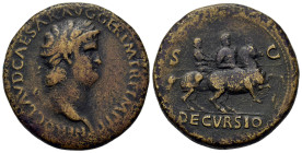 Nero (54-68). Æ Sestertius (34.7mm, 27.90g). Lugdunum, c. 65. Laureate head r., globe at point of bust. R/ Nero on horseback prancing r., holding spea...