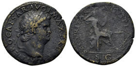 Nero (54-68). Æ Dupondius (28.8mm, 10.60g). Lugdunum, c. 66. Laureate head r., globe at point of bust. R/ Securitas seated r., resting elbow on back o...