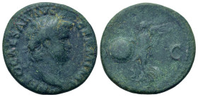 Nero (54-68). Æ As (26,4mm, 11.5g). Rome, AD 66. Laureate head of Nero r. R/ Victory flying left, holding shield inscribed SPQR. RIC 312.
