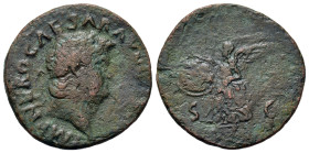 Nero (54-68). Æ As (28,2mm, 8.7g). Rome, AD 66. Laureate head r. R/ Victory flying to left, holding shield inscribed S P Q R; S-C across fields. RIC 3...