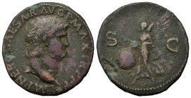 Nero (54-68). Æ As (26,4mm, 10.8g). Lugdunum, AD 64-67. Bare head r. R/ Victory alighting to left, holding shield inscribed SPQR. RIC 543.