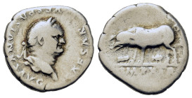 Vespasian (69-79). AR Denarius (17.7mm, 3.30g). Rome, 77-8. Laureate head r. R/ Sow l. with three piglets; in ex. IMP XIX. RIC II 982. Good Fine