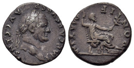 Vespasian (69-79). AR Denarius (17,4mm, 3g). Rome, AD 73. Laureate head r. R/ Vespasian seated right, holding branch and scepter. RIC 65.