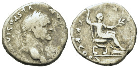 Vespasian (69-79). AR Denarius (17,8mm, 3.3g). Rome. Laureate head r. R/Vespasian seated right on curule chair, holding branch and sceptre. RIC 702.