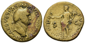 Vespasian (69-79). Æ Dupondius (28mm, 11.9g). Lugdunum, AD 77/8. Laureate bust r., globe at point of bust. R/ Fides standing facing, head left, holdin...