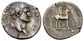 Domitian (Caesar, 69-81). AR Denarius (18mm, 2.70g). Rome, 76-7. Laureate head r. R/ Pegasus standing r., raising foreleg. RIC II 921 (Vespasian); RSC...