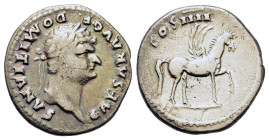 Domitian (Caesar, 69-81). AR Denarius (18.8mm, 3.10g). Rome, 76-7. Laureate head r. R/ Pegasus standing r., raising foreleg. RIC II 921 (Vespasian); R...