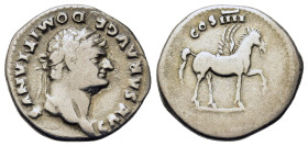 Domitian (Caesar, 69-81). AR Denarius (19mm, 2.90g). Rome, 76-7. Laureate head r. R/ Pegasus standing r., raising foreleg. RIC II 921 (Vespasian); RSC...
