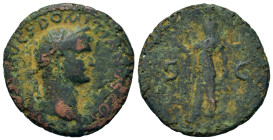 Domitian (Caesar, 69-81). Æ As (27mm, 8.40g). Rome, 77-8. Laureate head r. R/ Spes advancing l., holding flower and raising hem of skirt. RIC II ,1 12...