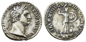 Domitian (81-96). AR Denarius (18.4mm, 3.20g). Rome, 88. Laureate head r. R/ Minerva standing r. on capital of rostral column, brandishing javelin and...