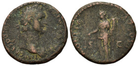 Domitian (81-96). Æ As (26,5mm, 9.40g). Rome, 85. Laureate bust r., wearing aegis. R/ Moneta standing l., holding scales and cornucopia. RIC II 303. F...