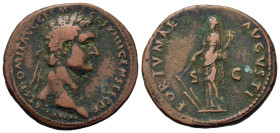 Domitian (81-96). Æ As (30mm, 11g). Rome, 88-9. Laureate head r. R/ Fortuna standing l., holding rudder and cornucopia. RIC II 648. Good Fine